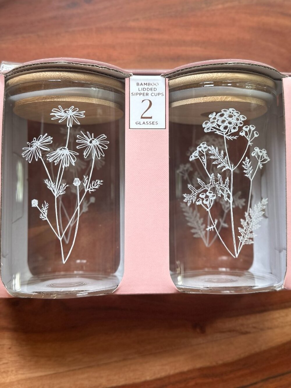 Cleo & June Bamboo Lidded Sipper Cups Set of 2 – Floral Glasses